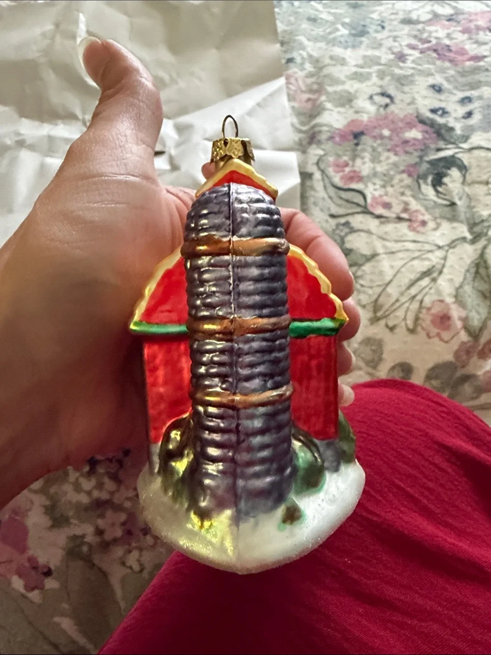 Bronners Glass Red Barn Ornament with Gold Roof